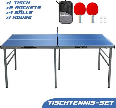 Стол для пінг-понгу EasyPong | 182x91 см | Преміум якість | Зручний для транспортування | Стабільний | Для гри в приміщенні та на вулиці | Комплект: 2 ракетки + 4 м'ячі | Оригінальний Easy Pong | Синій