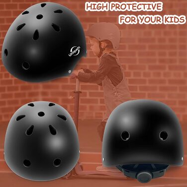 Дитячий регульований шолом та захисна екіпіровка: наколінники, налокітники, захист зап'ястя (S, 3-8 років), чорний