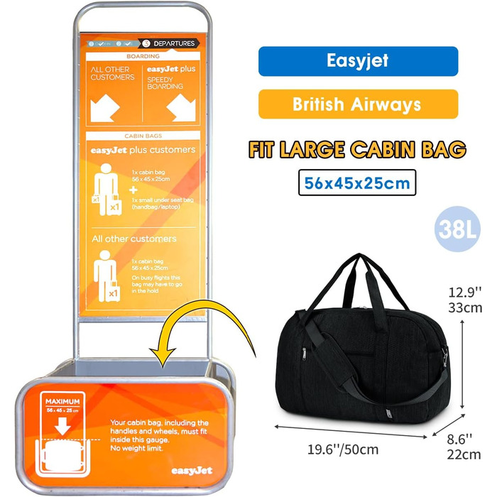 Дорожня сумка Narwey для ручної поклажі 40 л, EasyJet, жіноча/чоловіча, 45x36x20 см, синьо-зелена/чорна, без відділення для ноутбука, спортивна, weekender