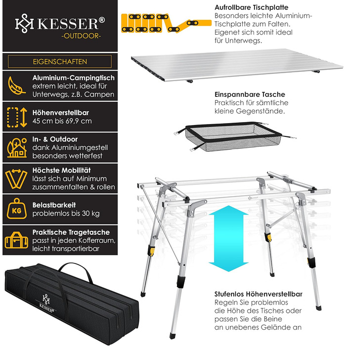 Кемпінговий стіл KESSER® складний, 90x53 см, з алюмінієвим каркасом, регулювання висоти, до 100 кг, з сумкою та сітчастою кишенею, срібний