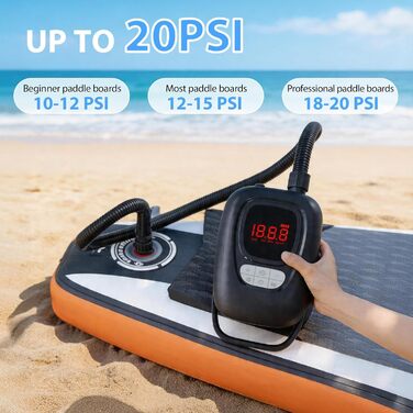 Електричний насос для SUP дошки 20 PSI, подвійний режим, акумулятор 6x2500mAh, LED, авто-стоп - для SUP, каяків, човнів, кемпінгу