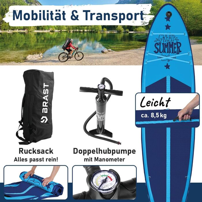 SUP дошка BRAST Summer надувна з набором аксесуарів 320x81x15 см: весло-каяк, тримач для камери, рюкзак, 6 дизайнів, гарантія 5 років