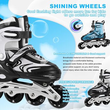 Регульовані дитячі ролики для хлопчиків та дівчаток, ролики для дітей, ролики для дівчаток та хлопчиків, ролики для підлітків, ролики для малюків, для занять в приміщенні та на вулиці, чорно-білі