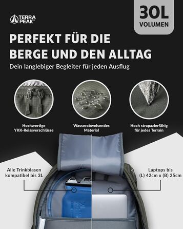 Туристичний рюкзак Terra Peak Flex 30L, з вентиляцією спини, дощовиком і кріпленням для питної системи, середній розмір, 3D Air Mesh, поясний ремінь, преміум якість
