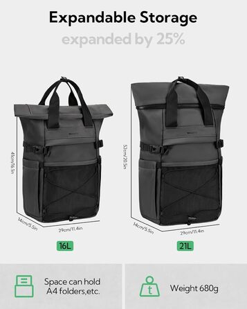 WATERFLY Ролтоп-рюкзак 16-21 л для ноутбука 16'' — стильний міський рюкзак для чоловіків і жінок, водостійкий, для навчання, роботи, подорожей, спорту