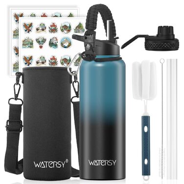 Термофлакон WATERSY з нержавіючої сталі 1200 мл, вакуумна ізольована спортивна пляшка для води з 2 кришками, герметична, синьо-чорна