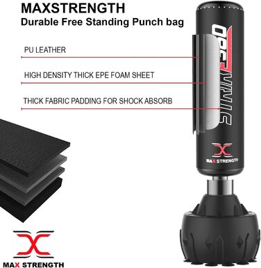 MaxStrength вільностоячий боксерський мішок для боксу та кікбоксингу 1,7-1,8 м, для MMA, міцна стійка, спортивний інвентар