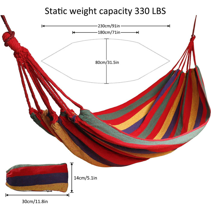 Гамак для відпочинку на відкритому повітрі з бавовни на 1 особу, 190 x 80 см, вантажопідйомність до 150 кг, з сумкою для перенесення. Ідеально підходить для пляжу, тераси, веранди, саду або двору.
