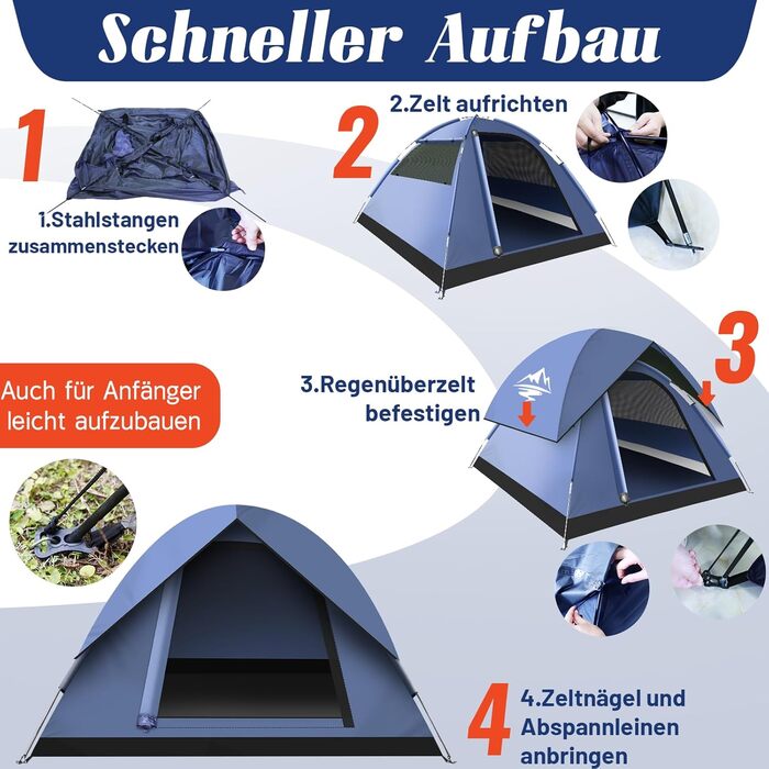 Намет для кемпінгу Zelt на 2-3 особи - ультралегкий, водонепроникний, куполоподібний, 4-сезонний, для трекінгу, сімейного відпочинку, фестивалів та подорожей