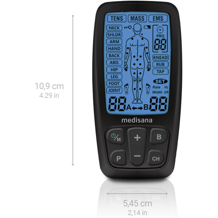 Medisana TT 205 TENS/EMS: електростимулятор для зняття болю та розслаблення м'язів. Комплект з 4 електродними подушечками. Тренувальний пристрій для нарощування м'язів.