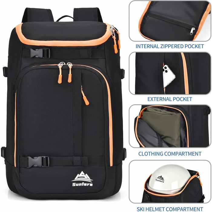 Чохол для лиж чорного кольору, терморюкзак, 50 л, водонепроникний. Підходить для сноуборду, лижного спорядження, шолому, маски, рукавичок, аксесуарів. Для підлітків та чоловіків. Оранжево-чорний колір.