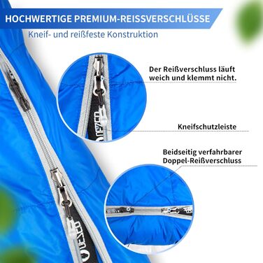 Сплячий мішок пуховий, 4-сезонний, зимовий -3°C до -20°C. Підходить для кемпінгу, походів та відпочинку на природі для дорослих та дітей. Чорний та блакитний кольори.