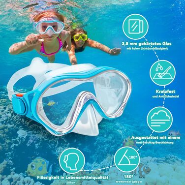 Набір для снорклінгу для дітей з ластами, маска з панорамним оглядом 180°, регульовані ласти, високоякісна маска та сухий снорк. для плавання (небесно-блакитний)