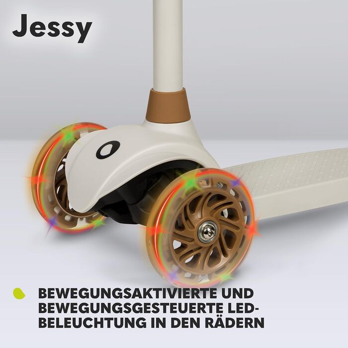 Дитячий триколісний самокат LIONELO Jessy Premium з LED-підсвіткою коліс, регульованою висотою та протиковзкою платформою, коричневий (до 50 кг, для дітей від 3 років)