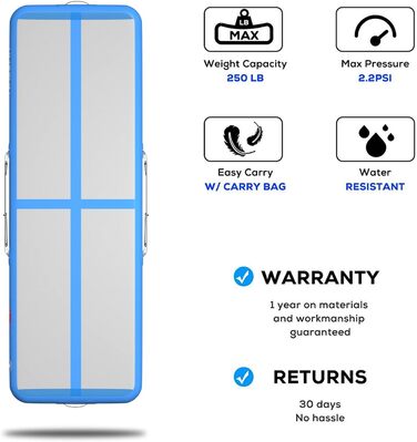 Гімнастичний надувний мат для акробатики та тренувань 3/4/5/6 метрів, 20 см заввишки, біло-блакитна. Ідеально для йоги, таekwondo, акробатики.
