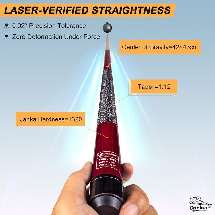 Більярдний кий CUEBAR, 147,3 см, 2-секційний, з горіха, з верхівкою 13 мм та льоновим грифом, для домашньої більярдного столу, для дорослих, 8 кольорів, 4 варіанти ваги (510 г, 538 г, 567 г, 595 г).