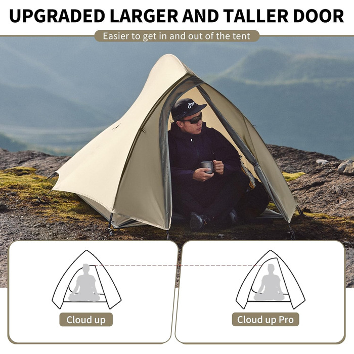 Намет Naturehike Cloud Up Pro для кемпінгу, 1 особа, легкий, водонепроникний, для трекінгу та подорожей (Хакі, 20D)