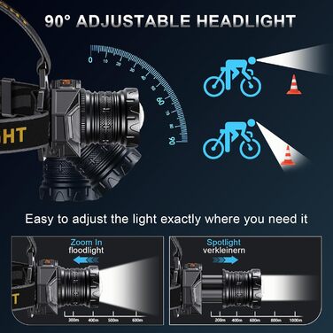 Ліхтар на лоб Spardar 120000 люменів, акумулятор 9000 mAh, регульований, 7 режимів, IPX7, для кемпінгу, полювання та бігу (білий/жовтий)