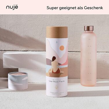 Спортивна пляшка для води nujë 1 л, підходить для газованої води, з часовою міткою, герметична, BPA-free, для спорту, фітнесу, туризму, рожевого кольору, у подарунковій упаковці