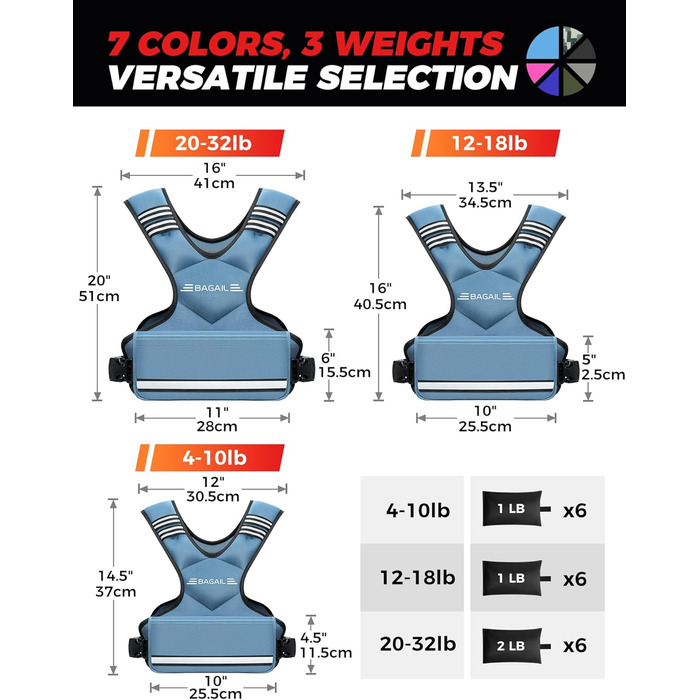 Вага для тренувань BAGAIL: регульована жилетка з відкидними вагами, для силових тренувань, фітнесу та аеробіки (Блакитна, 5.5-8.2 кг)