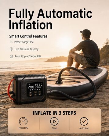 Електричний насос для SUP дощок 20 PSI з адаптером 12V для авто, подвійний режим накачування/здування, авто-стоп, для SUP, каяків, надувних басейнів та наметів, чорний