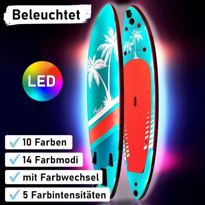 SUP Board BRAST з LED-підсвіткою | Надувний комплект для станд-ап паддлінгу | 320x81x15 см | 4 дизайни | LED-підсвічування (10 кольорів) | 5 років гарантії | 2-в-1: весло + сидіння для каяка | Тримач для Action-Cam, петля для ніг | Гавайський стиль