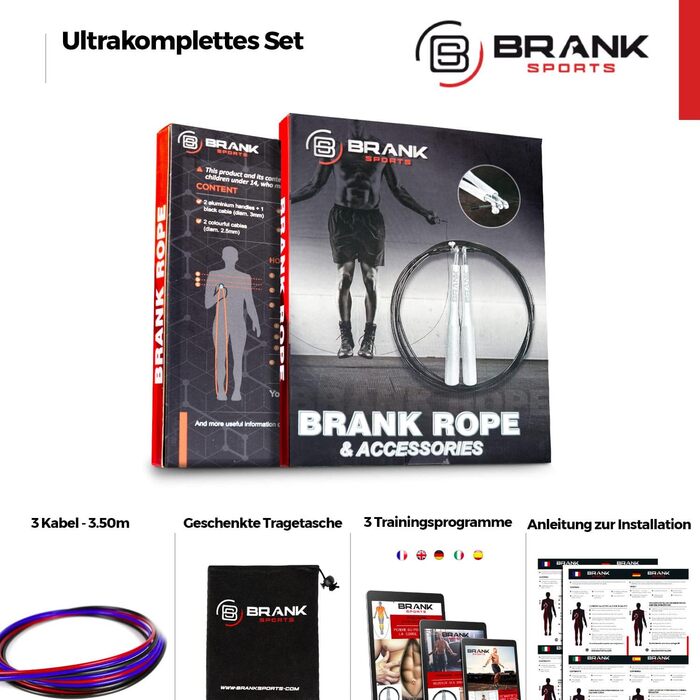 BRANK SPORTS Скакалка 3,5 м для фітнесу та боксу для дорослих, швидкісна, для дабл-андерів, зі схемою тренувань