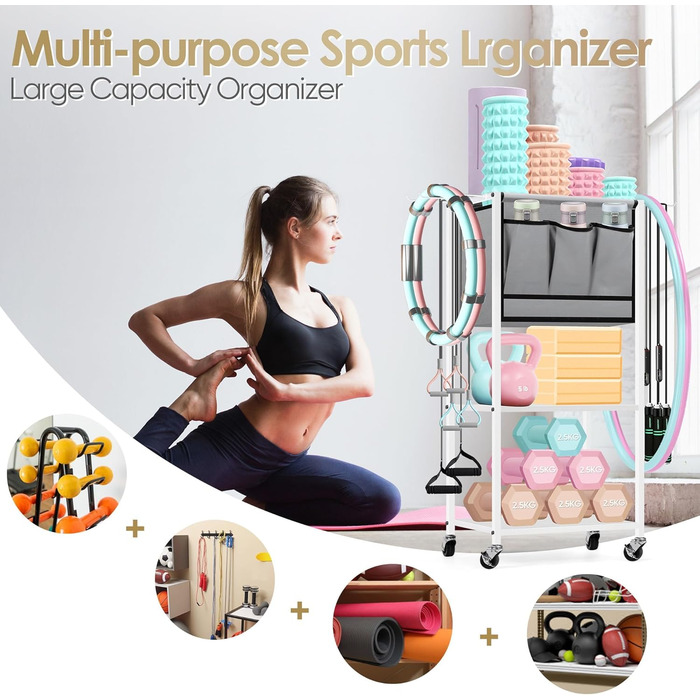 Стойка для гантелей для дому, багаторівнева полиця для зберігання, органайзер для йога-килимка та фасційного ролика, аксесуари для тренувань з роликами та гачками, білий