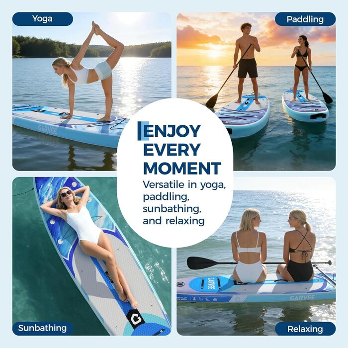 SUP Board Garvee надувний, блакитний 335x85.9x15 см - Комплект для дорослих та підлітків: весло, насос, рюкзак, EVA-дека