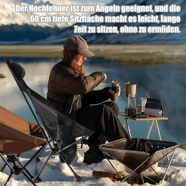 Зручний складаний стул для кемпінгу Bindokun, 120 кг, ультралегкий, з кишенями та підголівником, чорний