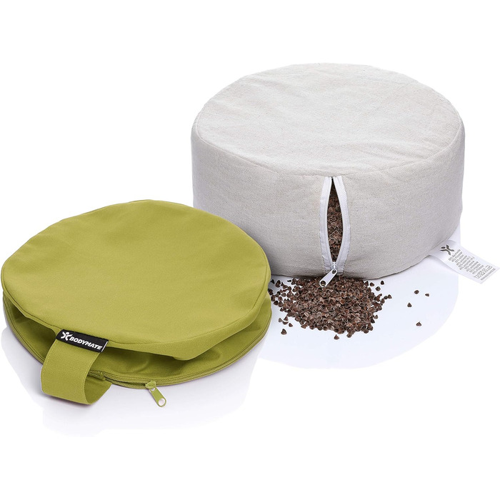 Йога-подушка BODYMATE кругла, 31 см в діаметрі, 13 см висотою, з наповнювачем з лушпини гречаного зерна, знімний чохол з 100% бавовни, для медитації та сидіння (оливковий)