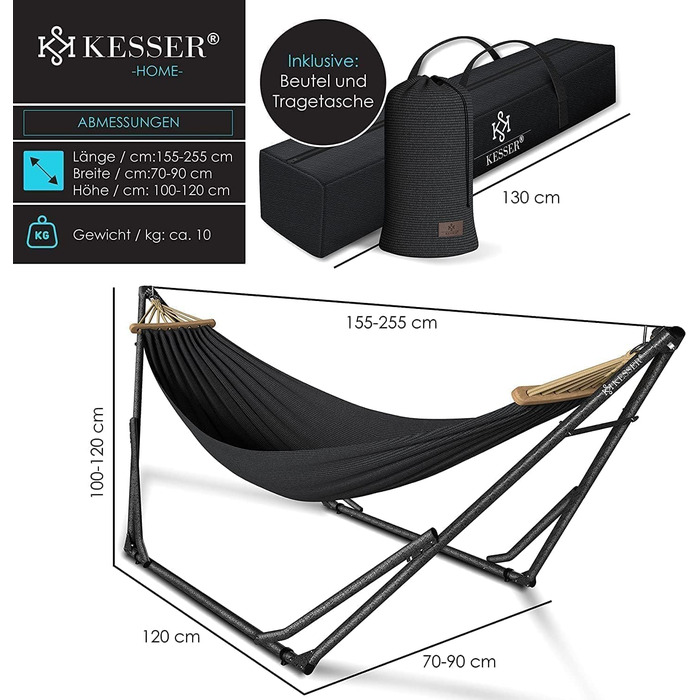 Гамак KESSER® з металевим каркасом, складний, регульований, стабільний. Для дому та саду, кемпінгу, відпочинку на балконі, терасі, біля басейну. У комплекті сумка. Колір: антрацит.