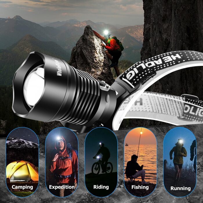 LED налобний ліхтар WholeFire XHP90 з 3 режимами, 15000 люменів, USB, водонепроникний, з регулюванням фокусу, потужний, для кемпінгу, бігу та іншого