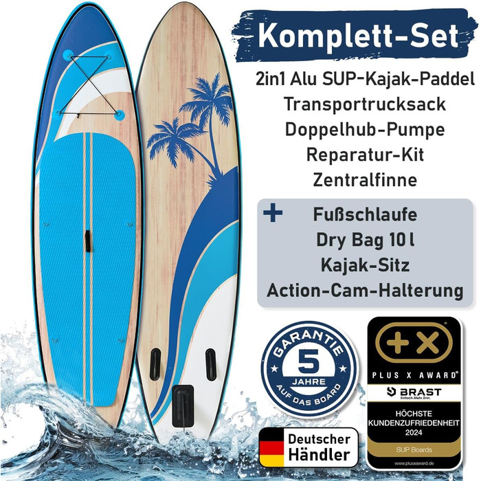 Надувний SUP Борд BRAST Tropic | Комплект для станд-ап паддлбордингу | 320x81x15 см | 6 дизайнів | 5 років гарантії | з аксесуарами | 2-в-1: SUP та каяк | тримач для Action Cam, петля для ніг, насос, рюкзак