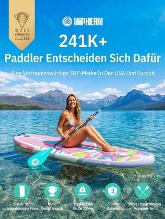 Надувне SUP-борд Niphean Stand Up Paddle Board з сидінням та аксесуарами, 320 см, для всіх рівнів, вантажопідйомність 200 кг (2 особи), Floral Symphony з StabilTrac-фіном