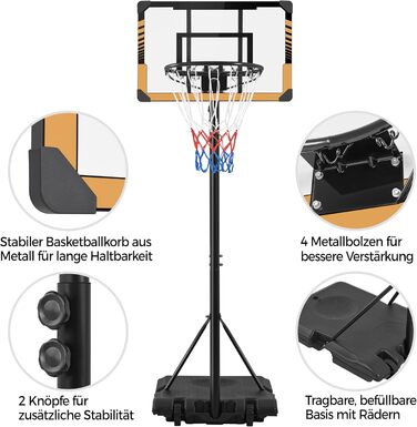 Регульована баскетбольна стійка Yaheetech з роликами, мобільна баскетбольна установка з можливістю заповнення водою або піском, підходить для використання в приміщенні та на вулиці, висота 216-246 см