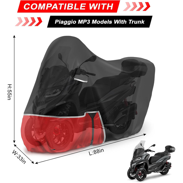 Водонепроникний чохол для мотоцикла Piaggio MP3 400/500 (з кофром), чорний та червоний, 420D Oxford