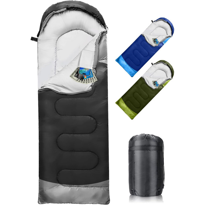 Сплячий мішок 3-4 сезони, водонепроникний, ультралегкий, для дорослих та дітей, з внутрішньою кишенею, 220*75см (зелений/чорний)