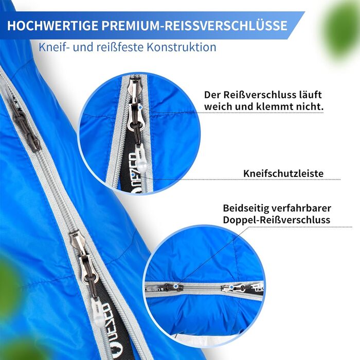 Сплячий мішок пуховий, 4-сезонний, зимовий -3°C до -20°C. Підходить для кемпінгу, походів та відпочинку на природі для дорослих та дітей. Чорний та блакитний кольори.