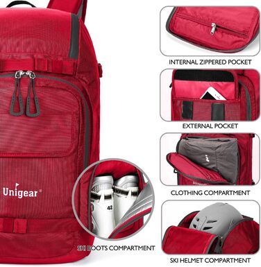 Рюкзак для гірськолижного спорту Unigear 50L/70L з відділенням для шолома (червоний, 50/70 літрів)
