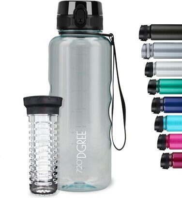 Пляшка для води 720°DGREE uberBottle 1,5 л з контейнером для фруктів, BPA-free, тританова, не протікає, для спорту, фітнесу, туризму, прозора, синя