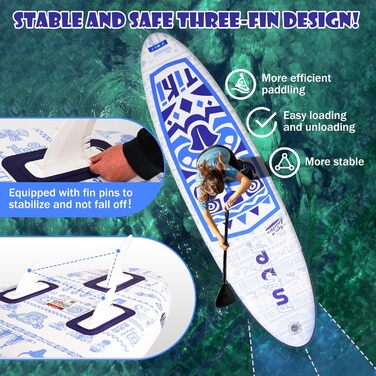 Надувний SUP Борд FunWater 10'6'–11'6' для всіх рівнів підготовки, з антиковзким EVA-деком, веслом, насосом та аксесуарами. Колір: блакитний/білий