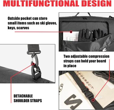 Чохол для сноуборду MERALIAN для подорожей літаком, з підкладкою для борду, черевиків, одягу, шолома та спорядження, доступний у розмірах 155 см та 165 см (Чорний/Чорний, 155CM)