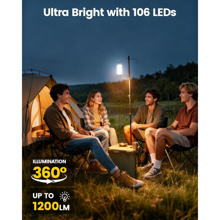 Ліхтар для кемпінгу Glocusent: 1200 люмен, водонепроникний IP68, 80 годин роботи, 5 режимів, SOS, для походів та відпочинку на природі (зелений)