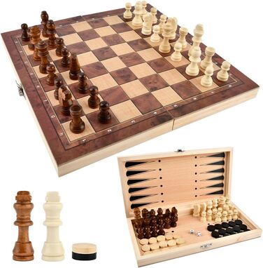 Шаховий набір дерев'яний 3 в 1, 29x29 см: шахи, шашки, шашки-кірпічі. Складаний, портативний, для подорожей, сім'ї, вечірок. Преміум якість.