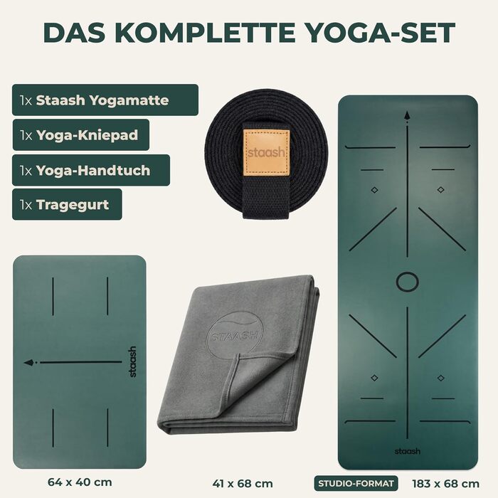 Преміум набір для йоги STAASH: килимок з PU та натурального каучуку (4,5 мм), рушник, ремінь та колінна подушка, поглинаючий та протиковзкий, Dark Evergreen