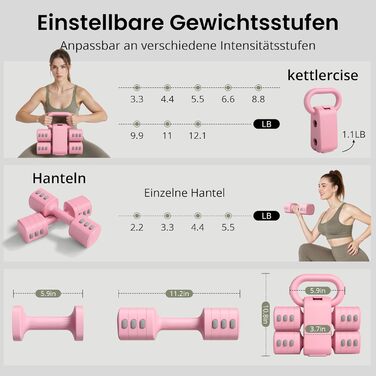 Регульований набір гантелей 2-в-1 для жінок – 4 рівні (1-5,5 кг) – обладнання для фітнесу вдома – зелені гантелі (рожевий)