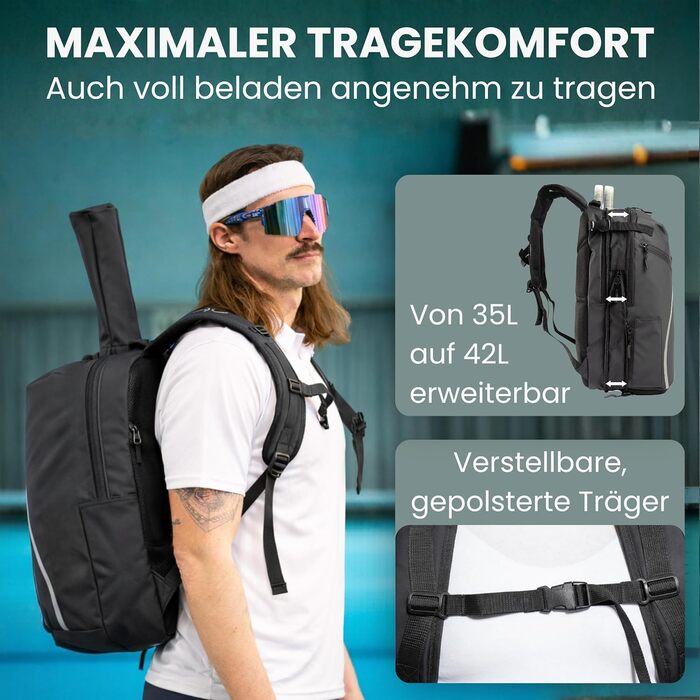 Рюкзак тенісний Otaro з відділенням для взуття, ноутбука та термо-відділенням для ракеток, 42л, чоловічий/жіночий, чорний світловідбиваючий + дощовик та мішок для одягу