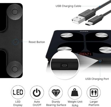 Розумні ваги RENPHO з Bluetooth, USB, аналіз складу тіла, для вимірювання жиру, ІМТ, м'язової маси, води, білка, з додатком, 280 мм