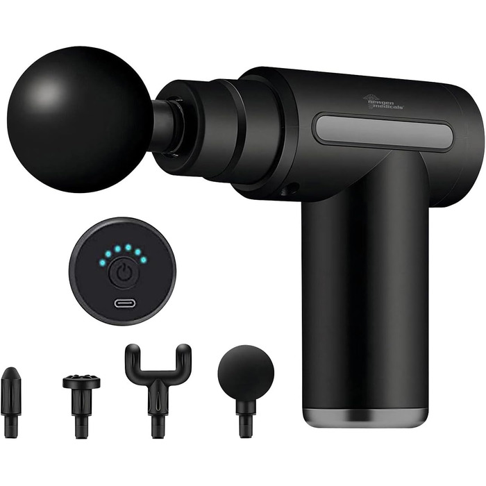 Масажний пістолет Newgen Medicals: Компактний акумуляторний масажер для рук з 4 насадками, 6 рівнів, USB-C, 30W